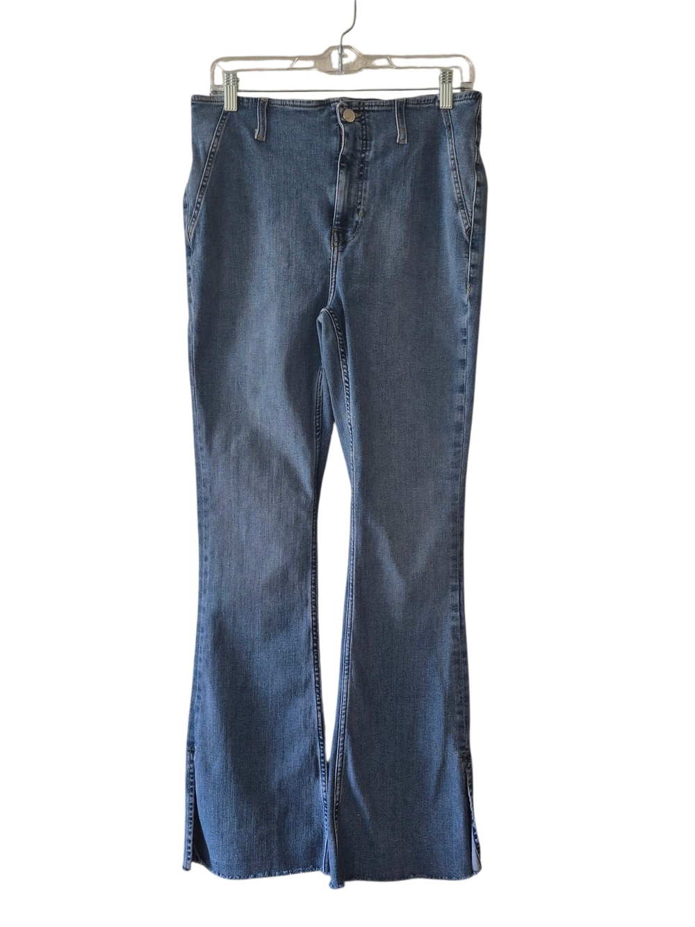 We The Free High Rise Flare Jeans Women's 30 Blue Boho Distressed Split Hem